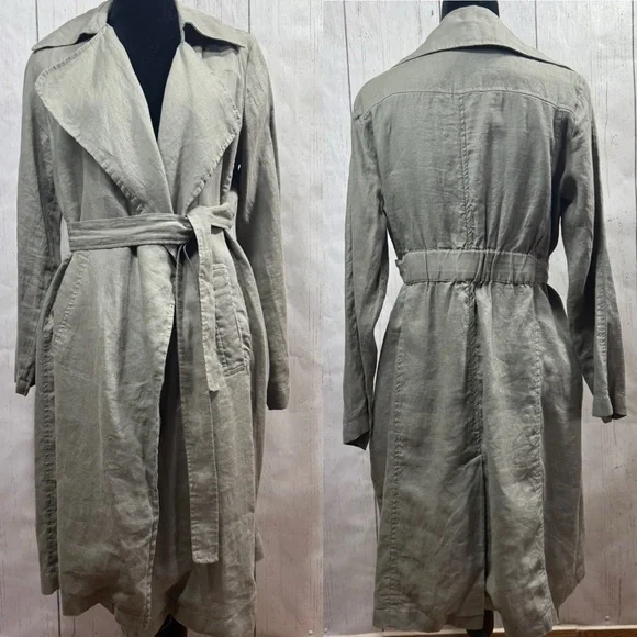 Cynthia Rowley 100% Linen Trench Coat Green Belted Size S Minimalist Lightweight - Picture 1 of 14